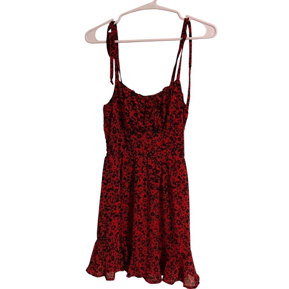 Lily Rose Red Black Floral Mini Dress Tie Shoulder Ruched XS Sundress